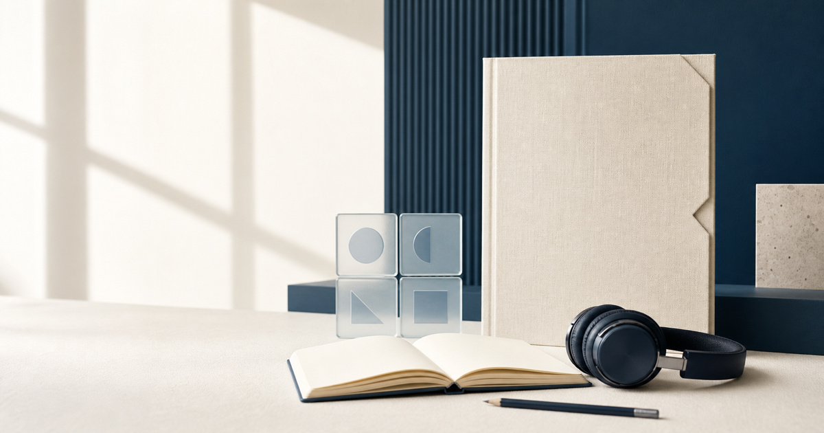 Minimal study folder, open notebook, headphones and four glass skill tiles in a blue Nordic studio.